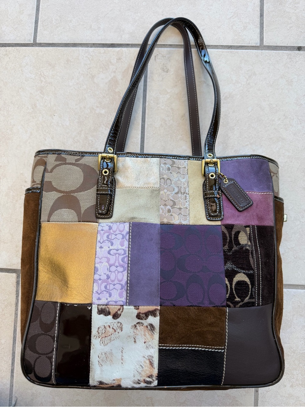 Coach Multicolor Patchwork Tote — Purple, Brown, Gold, Cream